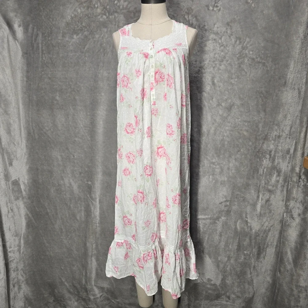 Eileen West Nightgown Dress Women XS Floral Cotton Dobby Sleeveless Coquette